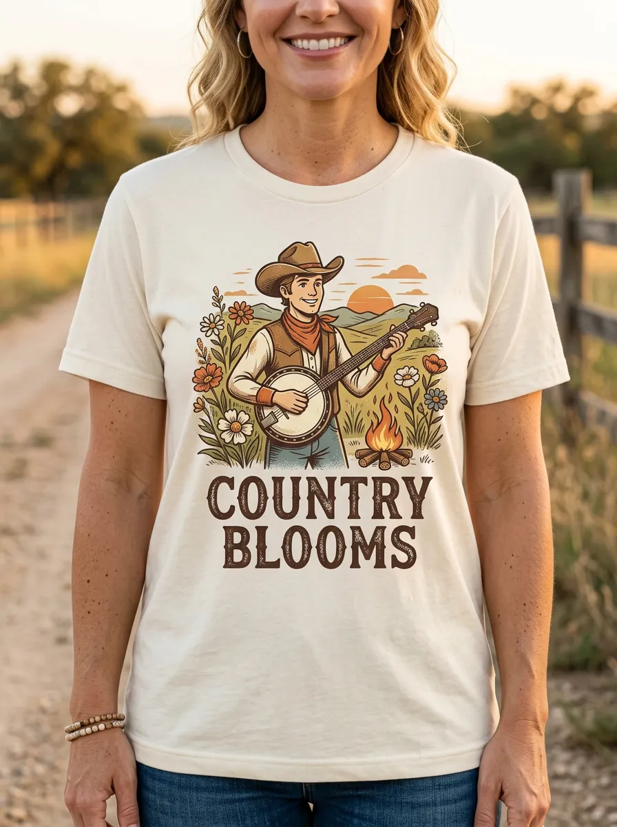 Banjo Cowboy Country Music Crewneck T-Shirt