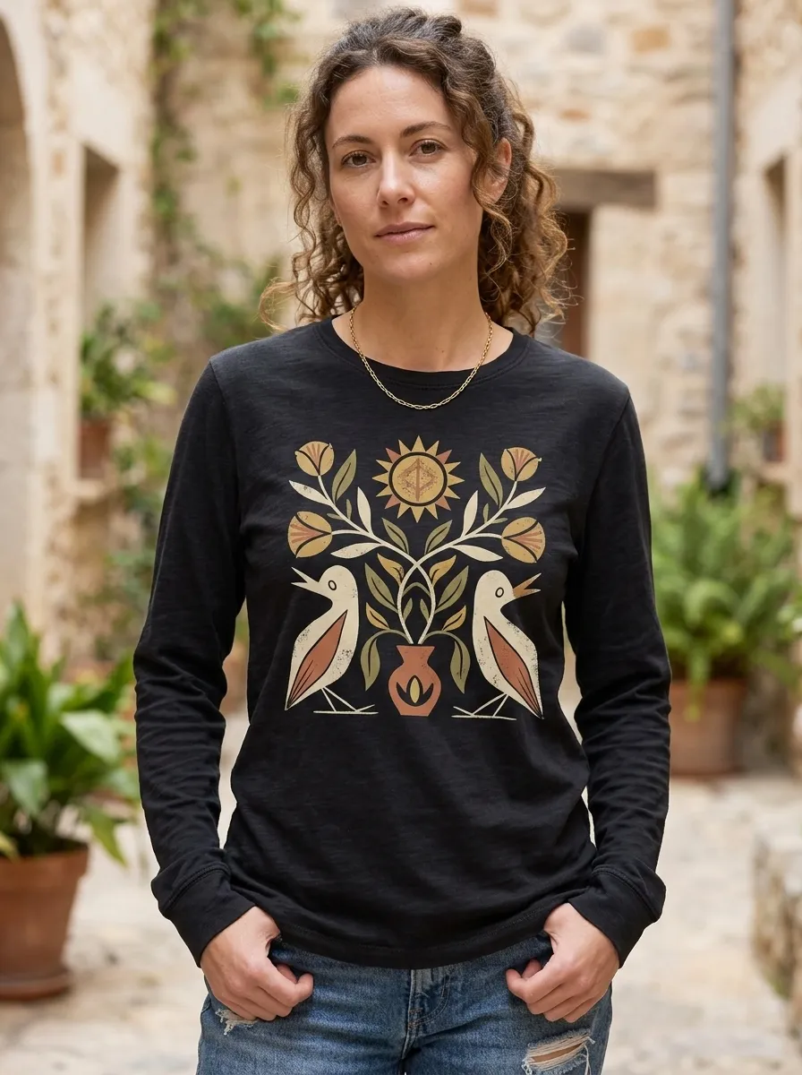 Women's Folk Art Bird and Floral Sun Printed Long Sleeve Top
