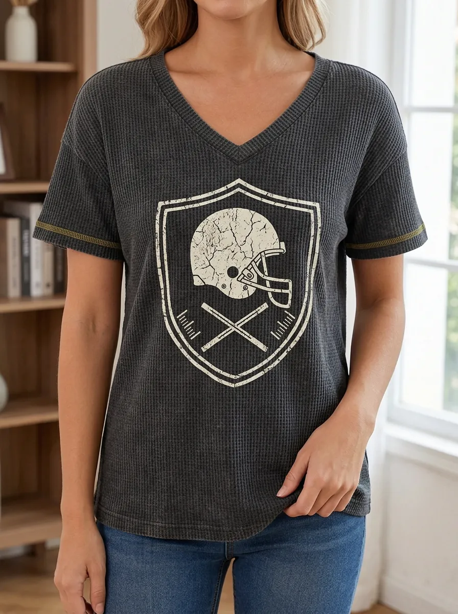 Women's Football Fan Distressed Helmet Shield Printed Waffle Top