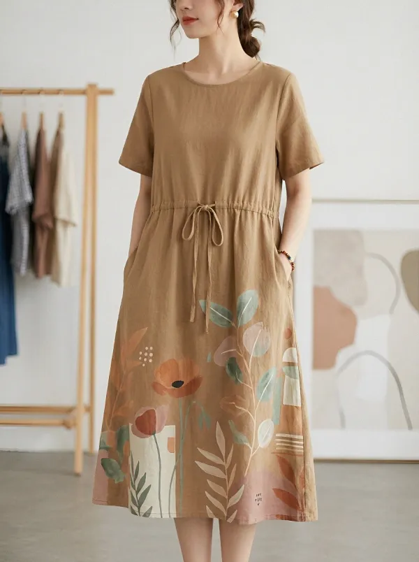 Botanical Floral Art Linen Blend Dress