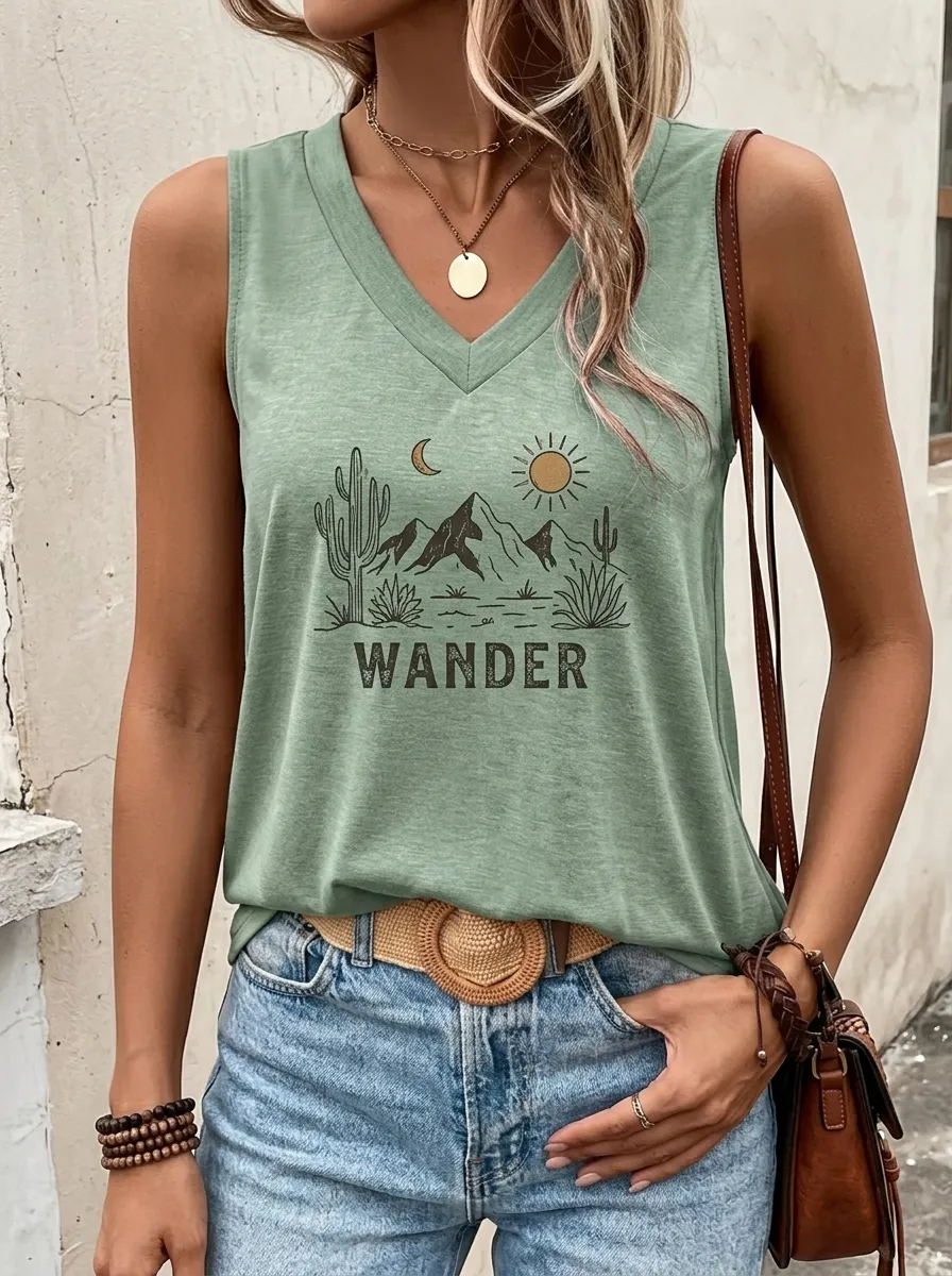 Women's Desert Mountain Cactus Printed V-Neck Tank Top