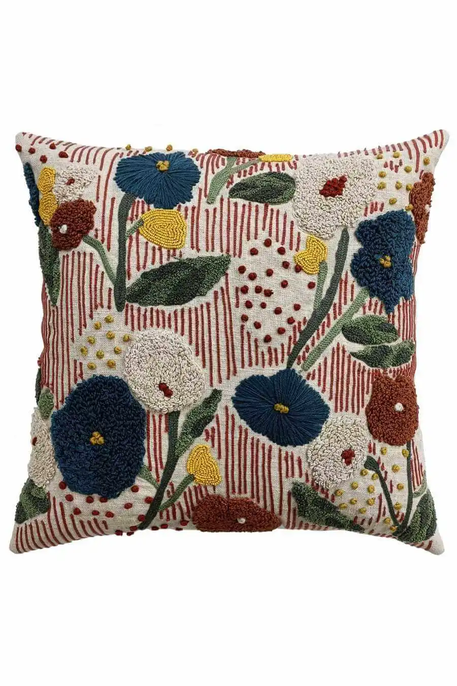 Embroidered Floral Striped Cotton Linen Decorative Cushion Cover