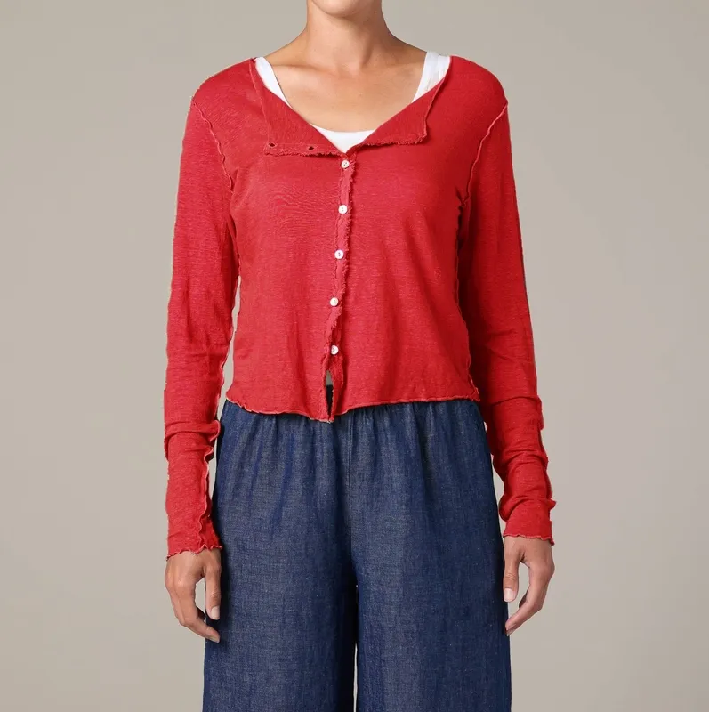 Linen Button-Front Cropped Cardigan