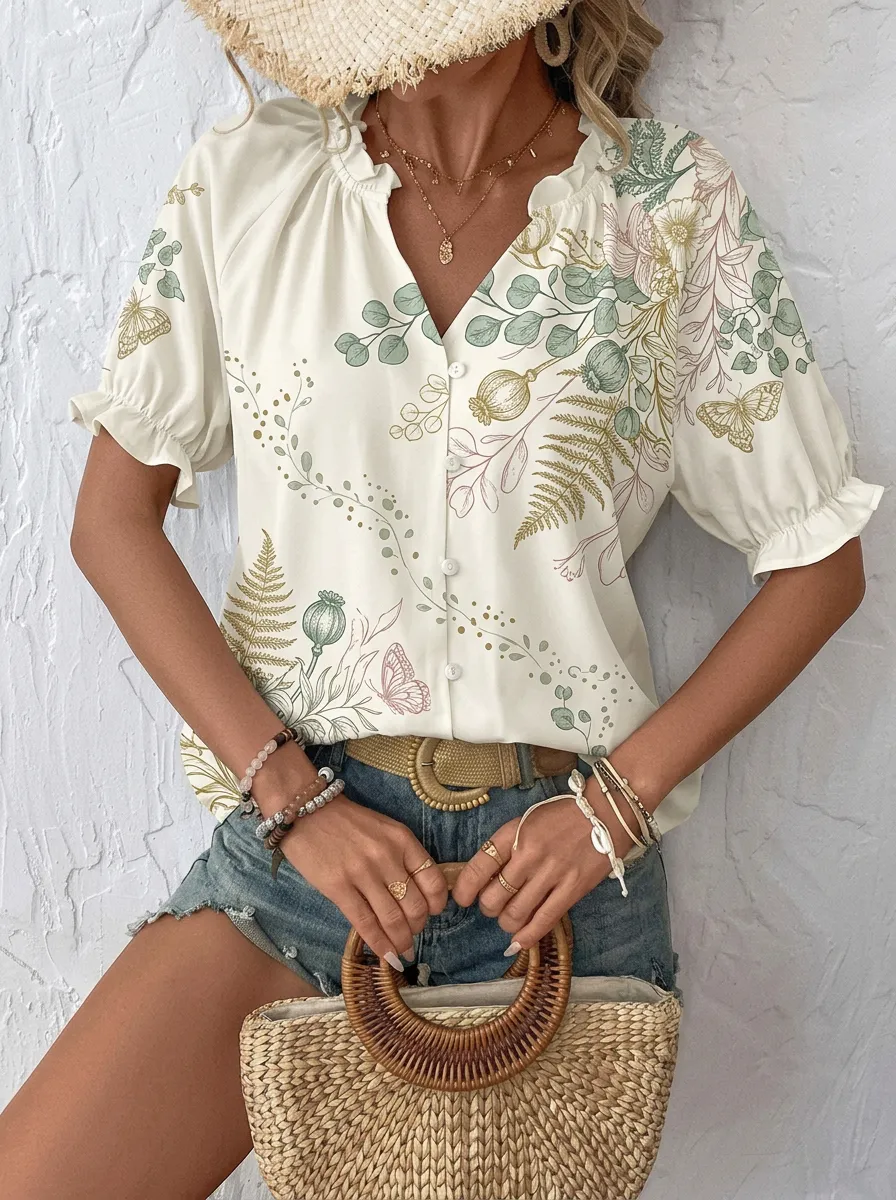 Women's Botanical Butterfly Nature Lover Printed V-Neck Blouse