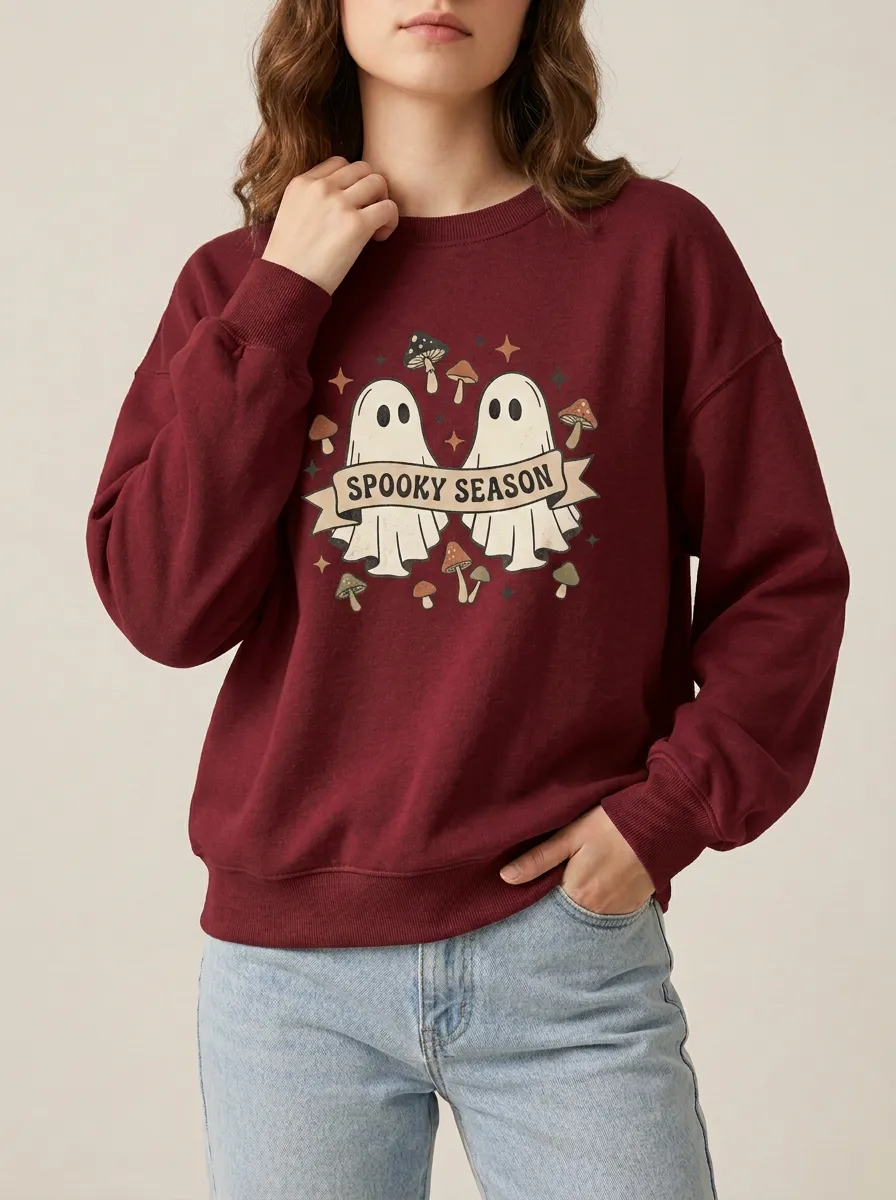 Women's Halloween Spooky Season Ghost Mushroom Printed Sweatshirt