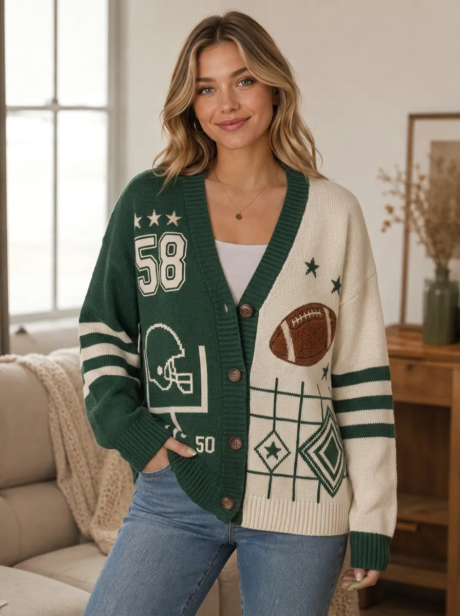Women's Varsity Inspired Helmet Football Ball Knitted Cardigan