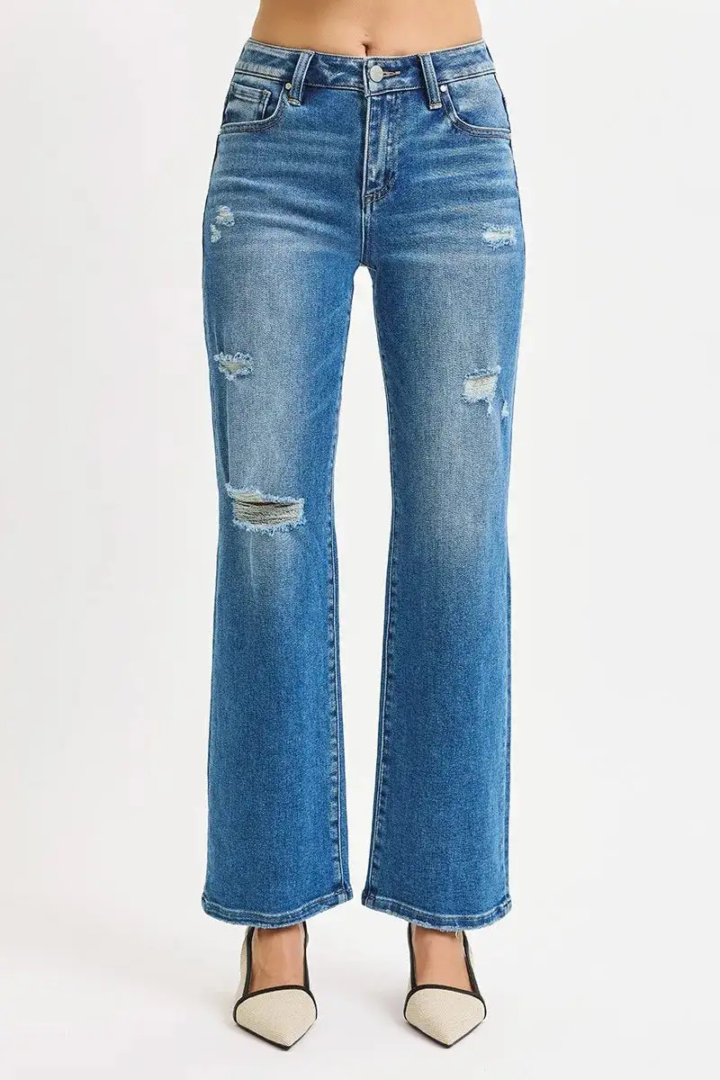 Full Size High Rise Ankle Straight Front Body Distressed Jeans Plus Size