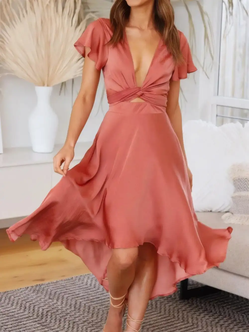 Plunge Flutter Sleeve Mini Dress