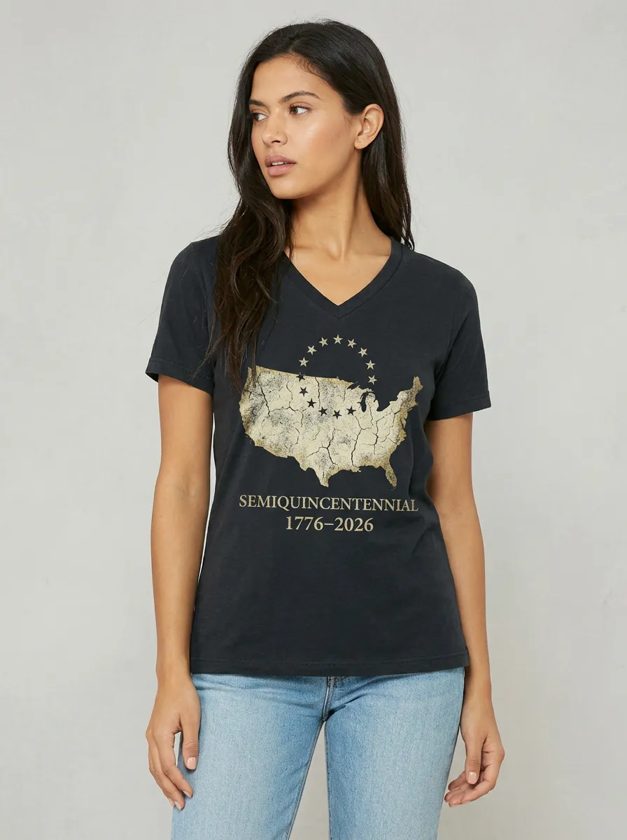 Women's USA Patriotic Semiquincentennial 1776-2026 Map Printed V-Neck T-Shirt