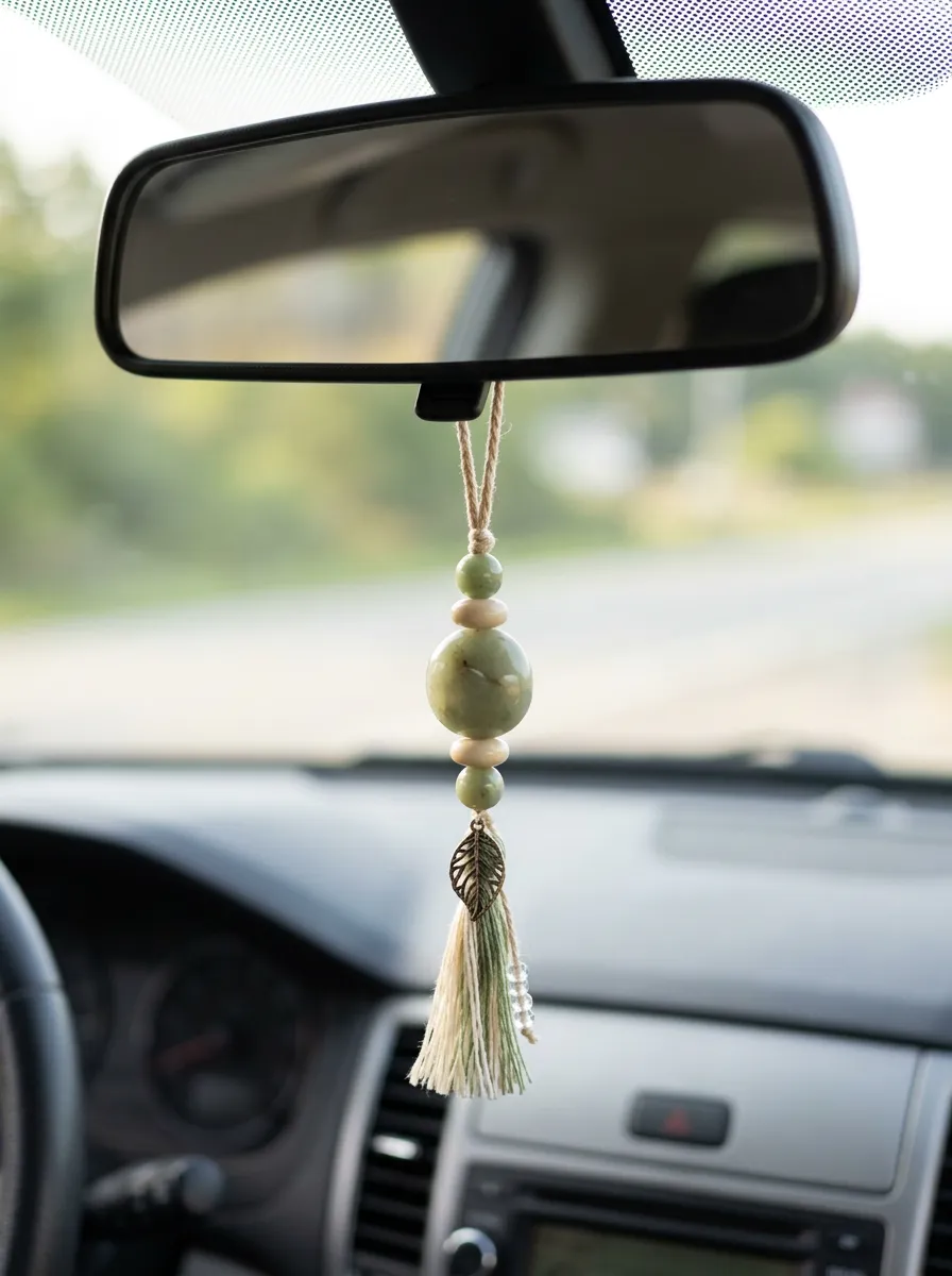 Beaded Tassel Leaf Rearview Mirror Hanging Ornament