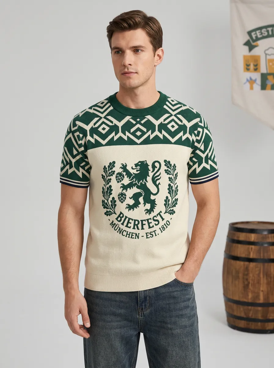Men's Oktoberfest Beer Lover Lion Crest Printed Knit T-shirt