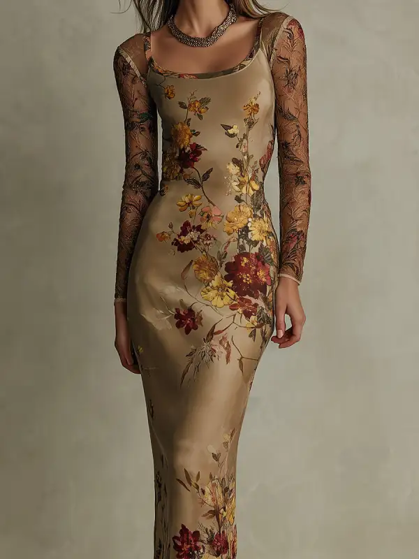 Vintage Floral Satin & Sheer Lace-Sleeve Midi Dress