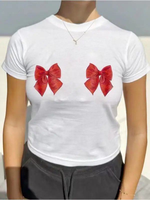 Refined Round-Neck Short-Sleeve Bow-Detail Knit T-Shirt