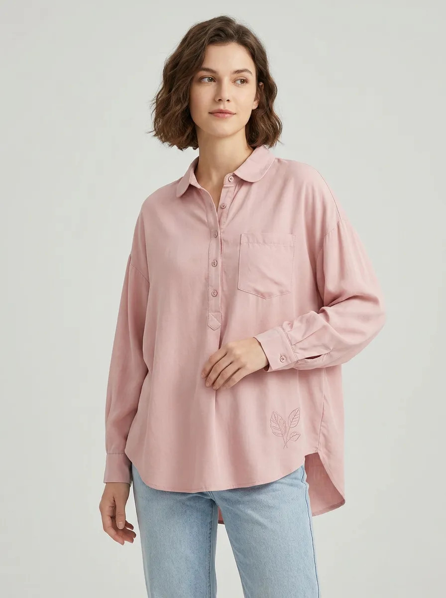 Women's Minimalist Nature Lover Leaf Embroidered Printed Shirt