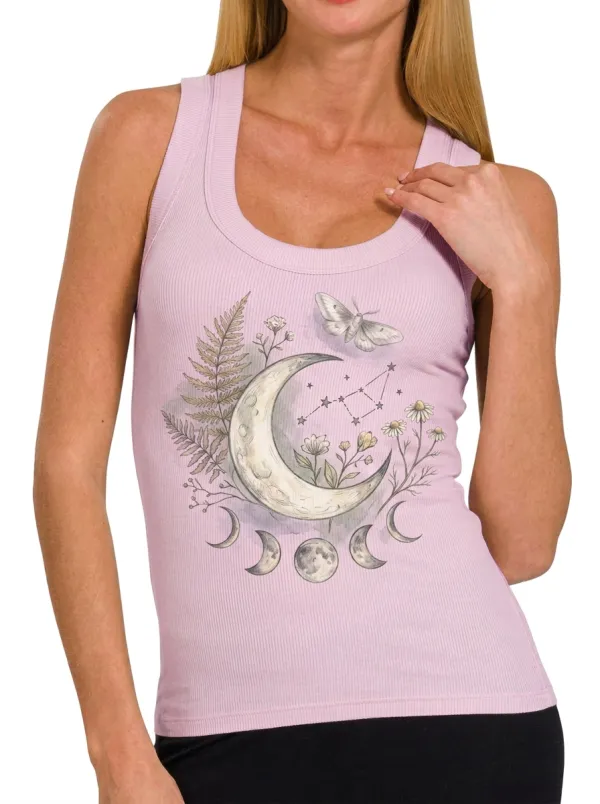 Women's Celestial Moon Moth Floral Printed Ribbed Tank Top