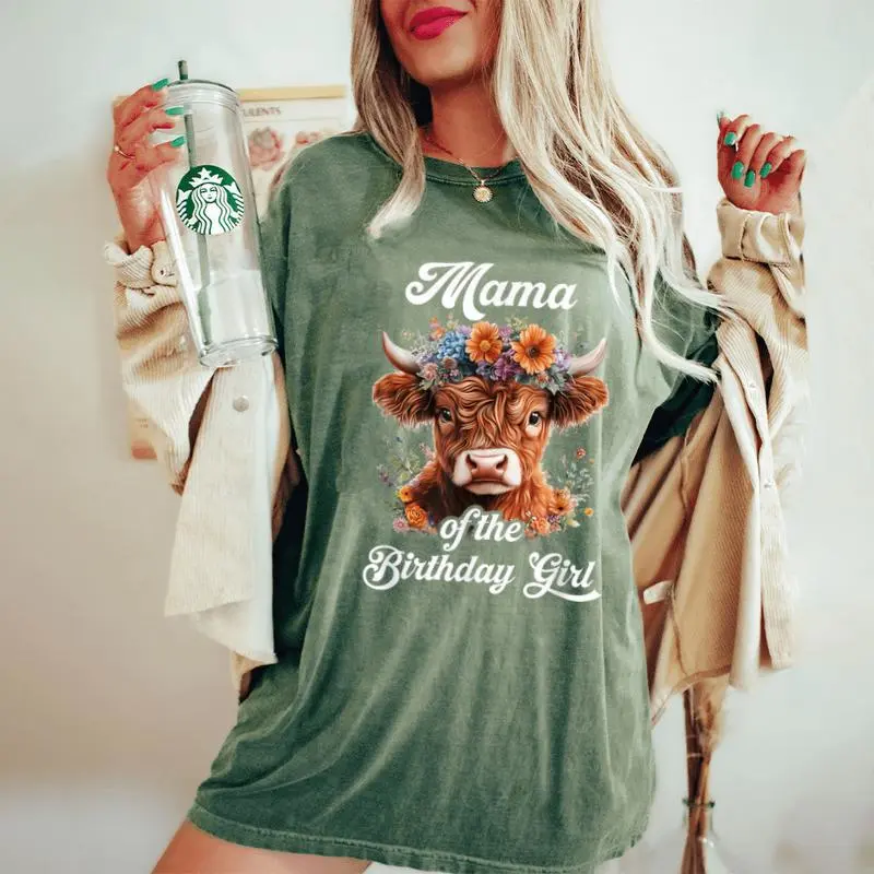 Mama Of The Birthday Girl Highland Cow Farm Family Women's Oversized Comfort T-Shirt