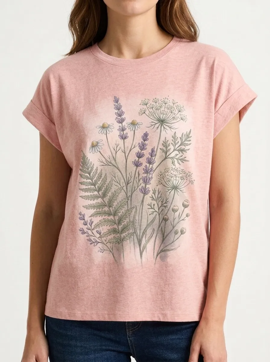 Women's Botanical Nature Lover Lavender Chamomile Printed T-shirt