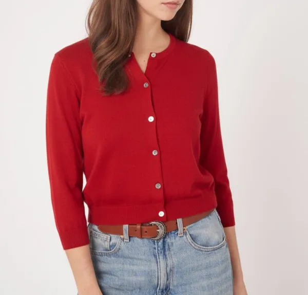Cotton Button-Front Three-Quarter Sleeve Ribbed Cardigan