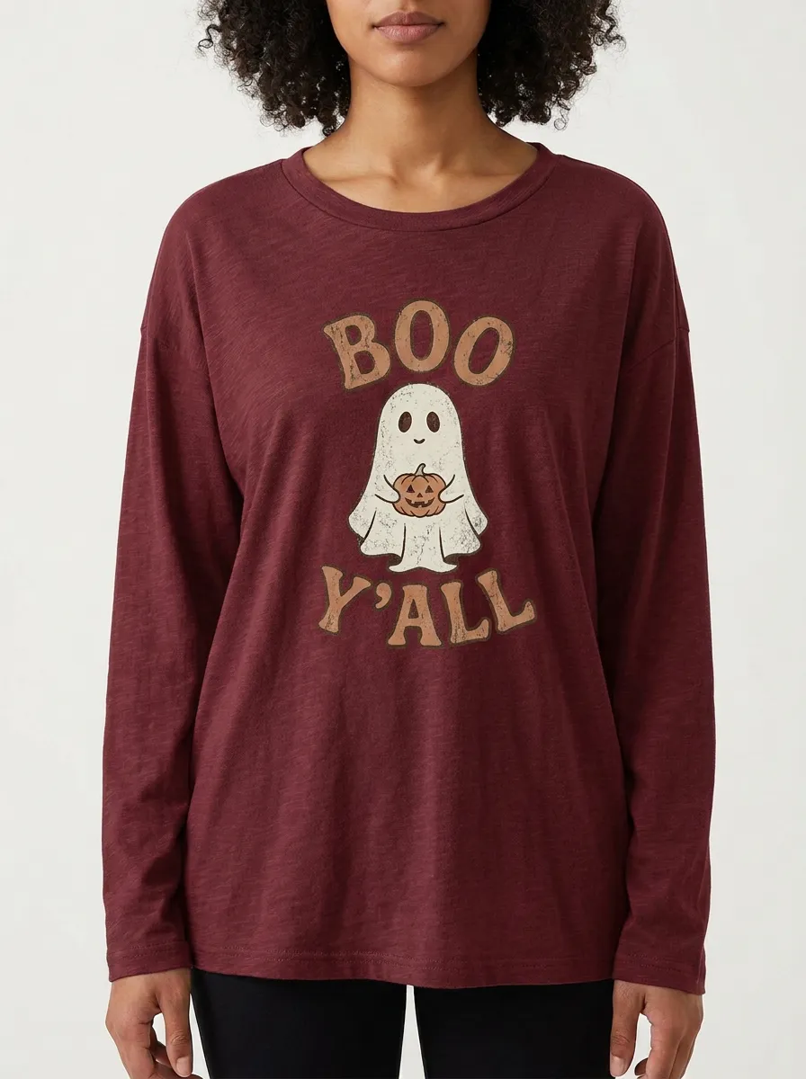 Women's Halloween Boo Y'all Ghost Pumpkin Printed Long Sleeve T-shirt