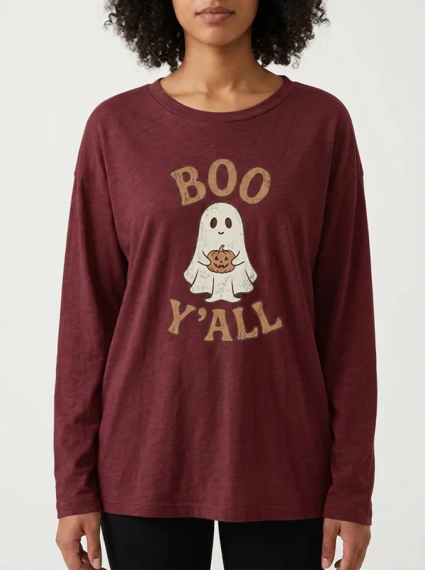 Women's Halloween Boo Y'all Ghost Pumpkin Printed Long Sleeve T-shirt