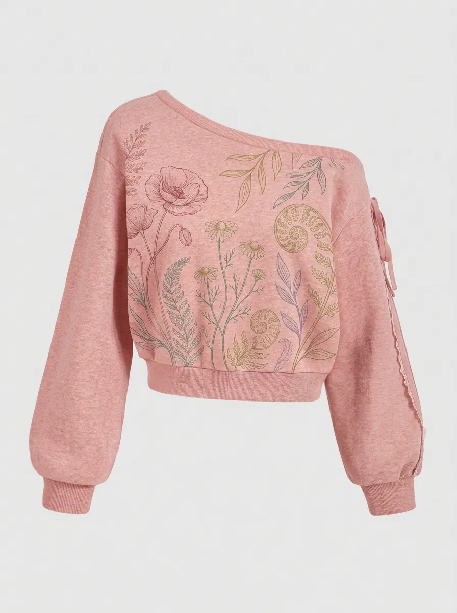 Women's Botanical Wildflower Fern Printed Off-Shoulder Sweatshirt