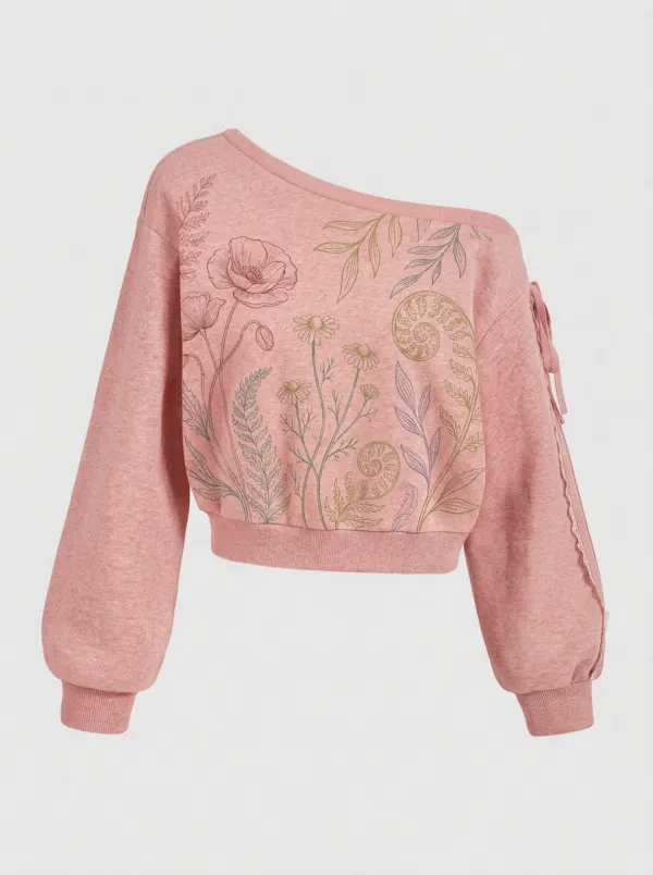 Women's Botanical Wildflower Fern Printed Off-Shoulder Sweatshirt