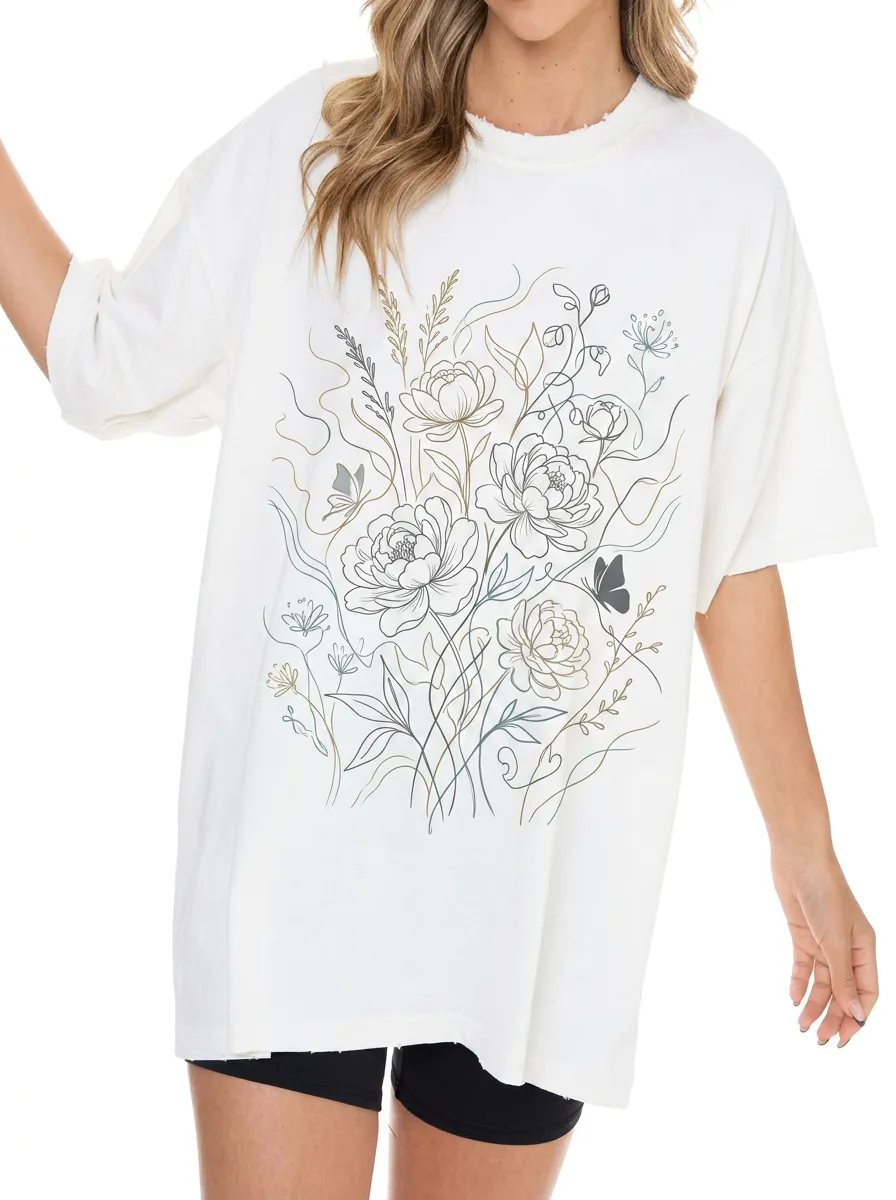 Women's Floral Nature Lover Peony Butterfly Printed T-shirt