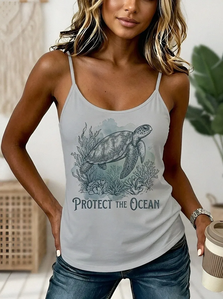Women's Ocean Lover Sea Turtle Protect Printed Tank Top