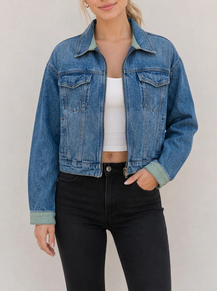 Women's Vintage Wash Contrast Collar Zip-Up Denim Jacket