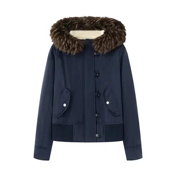 Quilted Faux Fur Hooded Flap Pocket Bomber Jacket