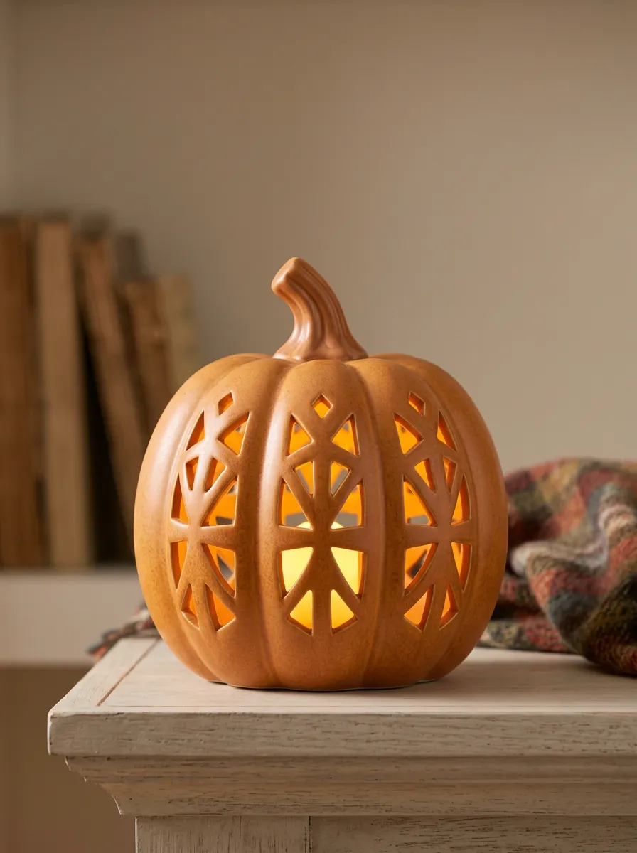 Cutout Ceramic-Look Geometric Halloween Pumpkin Light