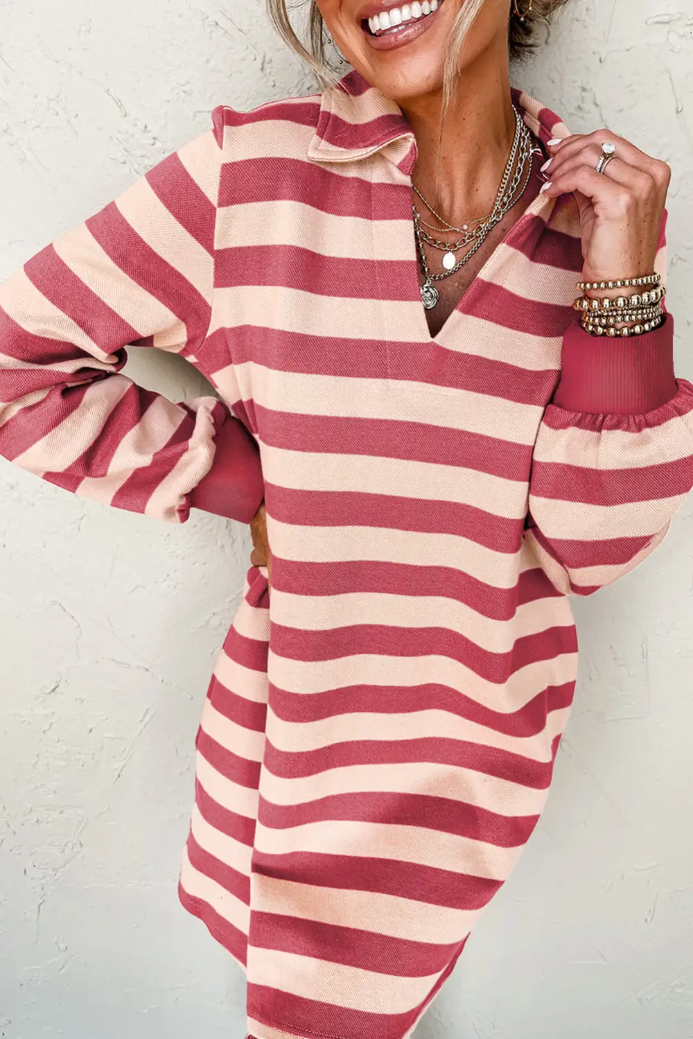 Street Ready Striped V-Neck Collared Mini Dress