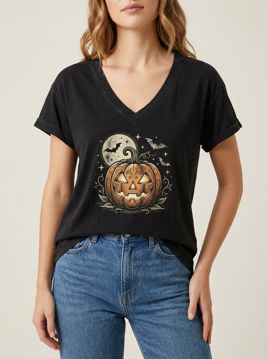 Women's Halloween Pumpkin Moon Bat Printed V-neck T-shirt