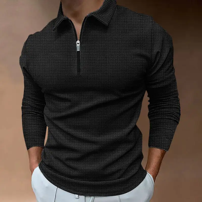 Waffle Texture Spread Collar Long Sleeve Polo Shirt