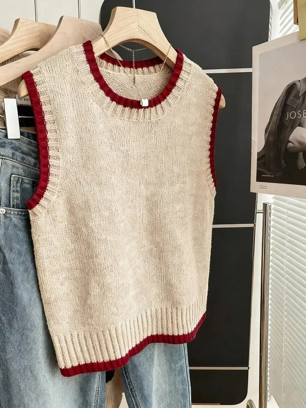 Beige Red Boat Neck Sweater