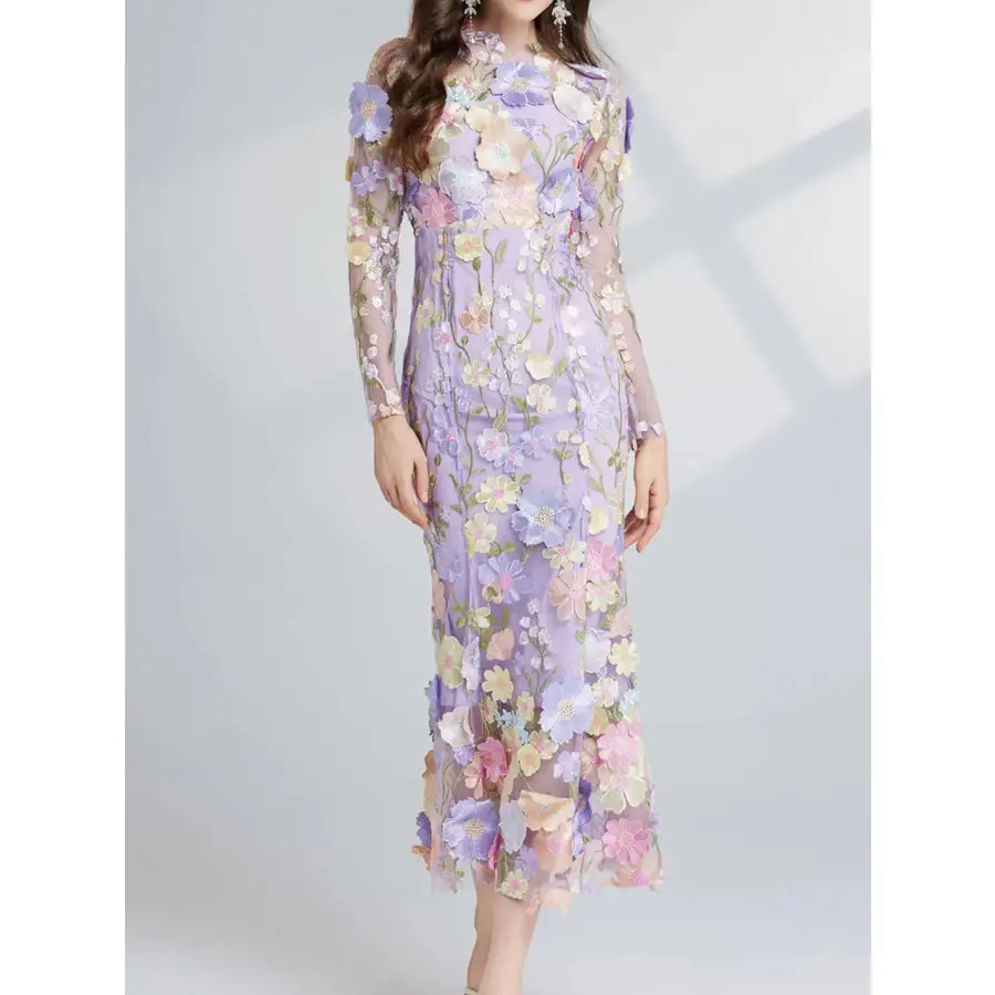 Embroidered Mesh Long Sleeve Midi Dress
