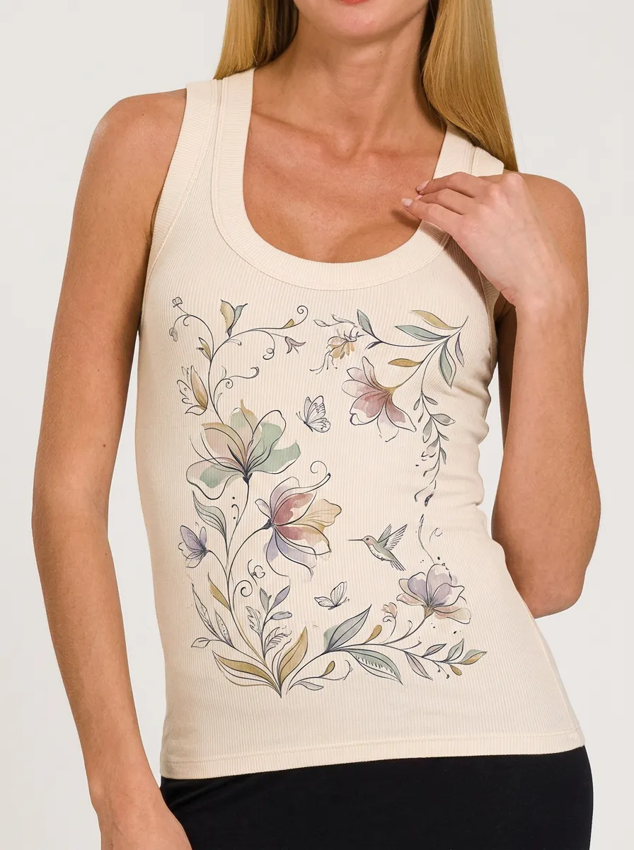 Women's Nature Lover Hummingbird Floral Butterfly Printed Tank Top