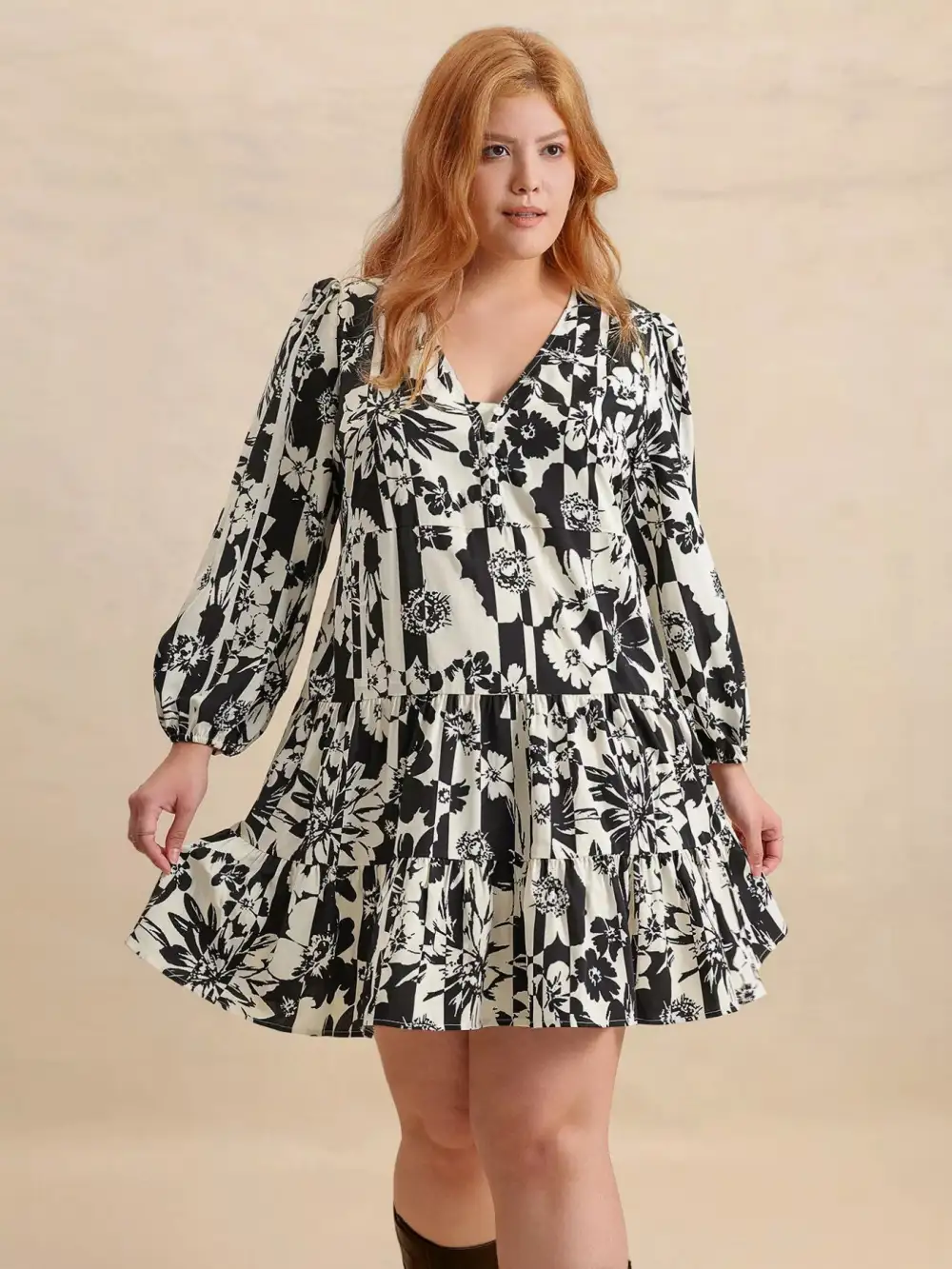 Drape Printed V Neck Long Sleeve Mini Dress