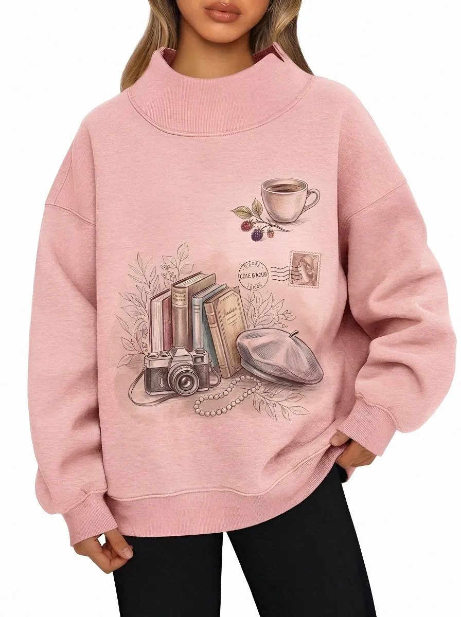 Women's Vintage Aesthetic Books Camera Beret Printed Sweatshirt