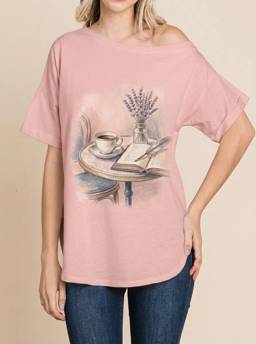 Women's Coffee Book Lavender Watercolor Printed T-shirt