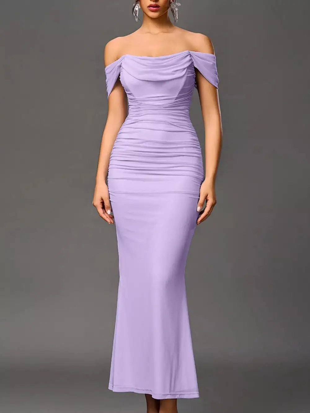 Relaxed Off Shoulder Ruched Mermaid Maxi Dress