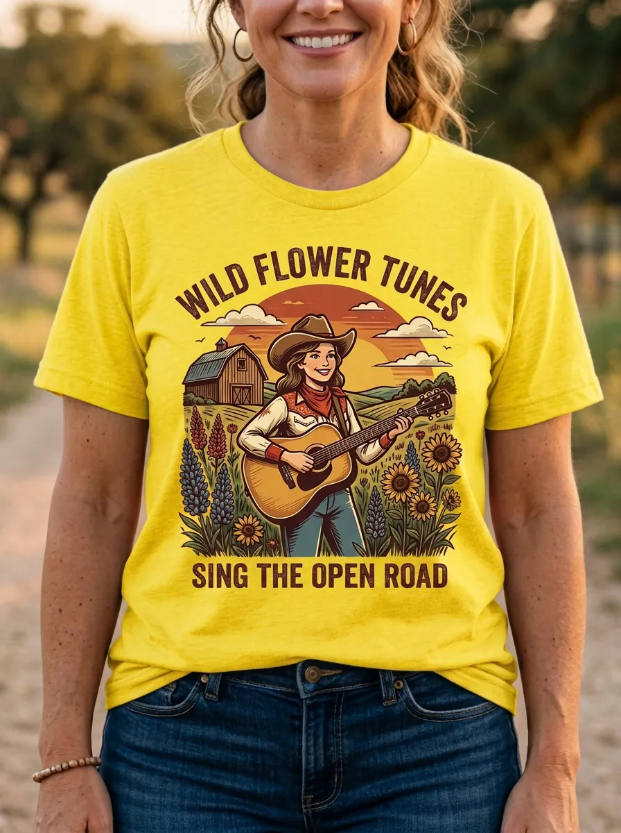 Rustic Country Music Cowgirl Guitar Crew Neck T-Shirt