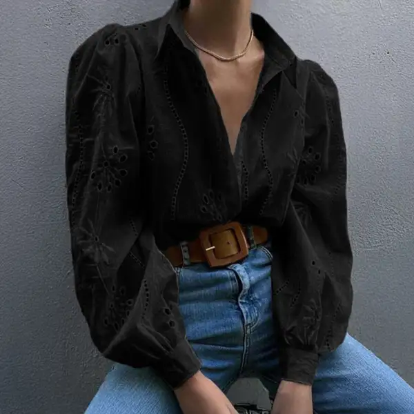 Fashionable Openwork Puff Sleeve Cardigan Shirt