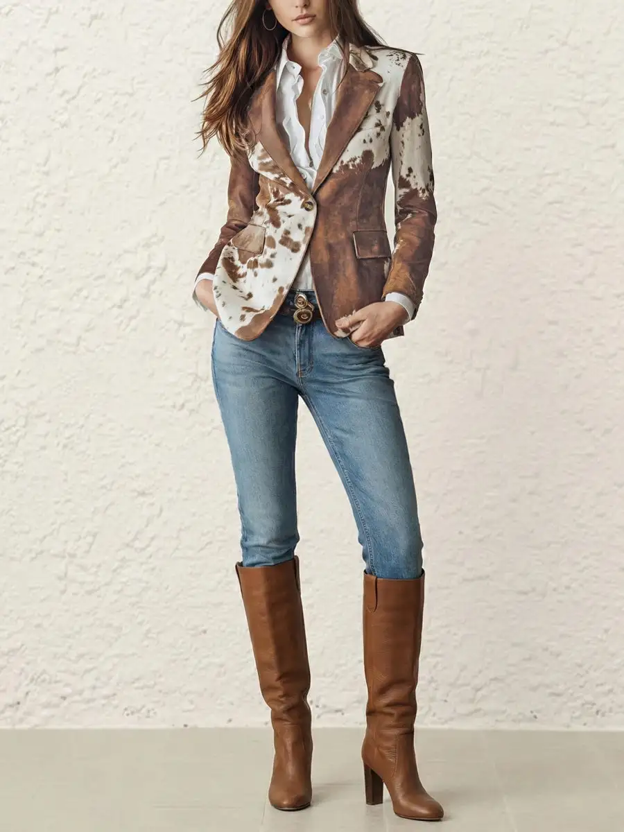 Long Sleeve Button Front Contrast Color Pocket Printed Blazer