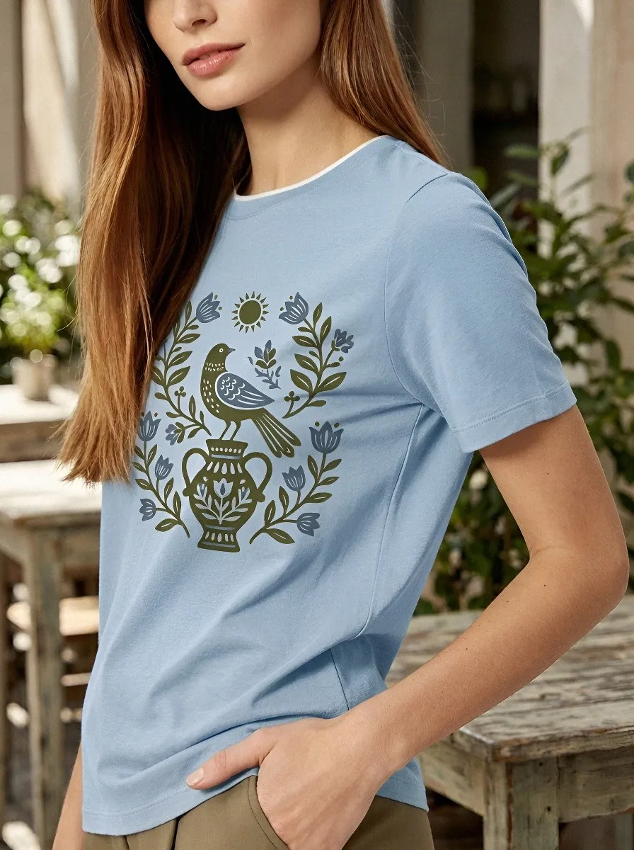 Women's Folk Art Bird Vase Floral Printed T-shirt