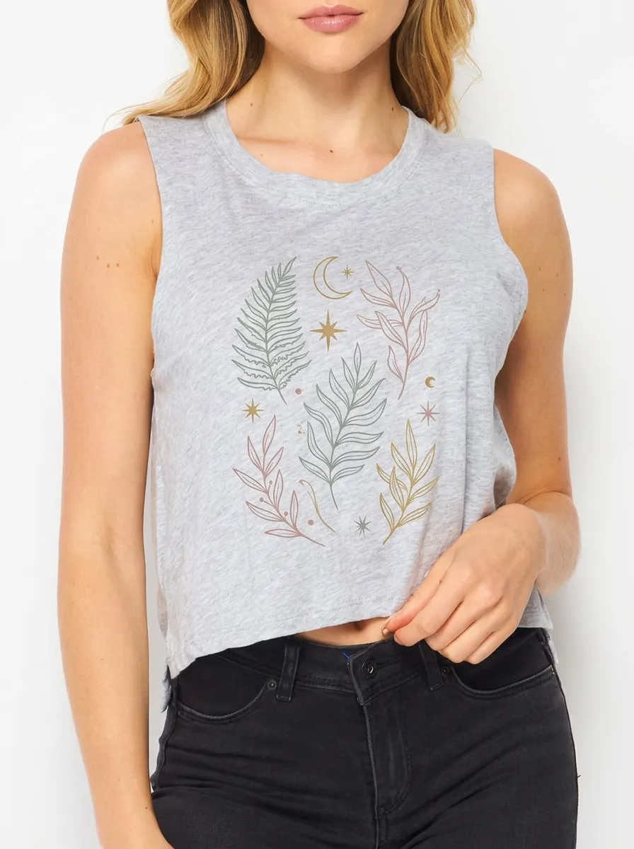 Women's Celestial Botanical Fern Moon Stars Printed Crop Tank Top