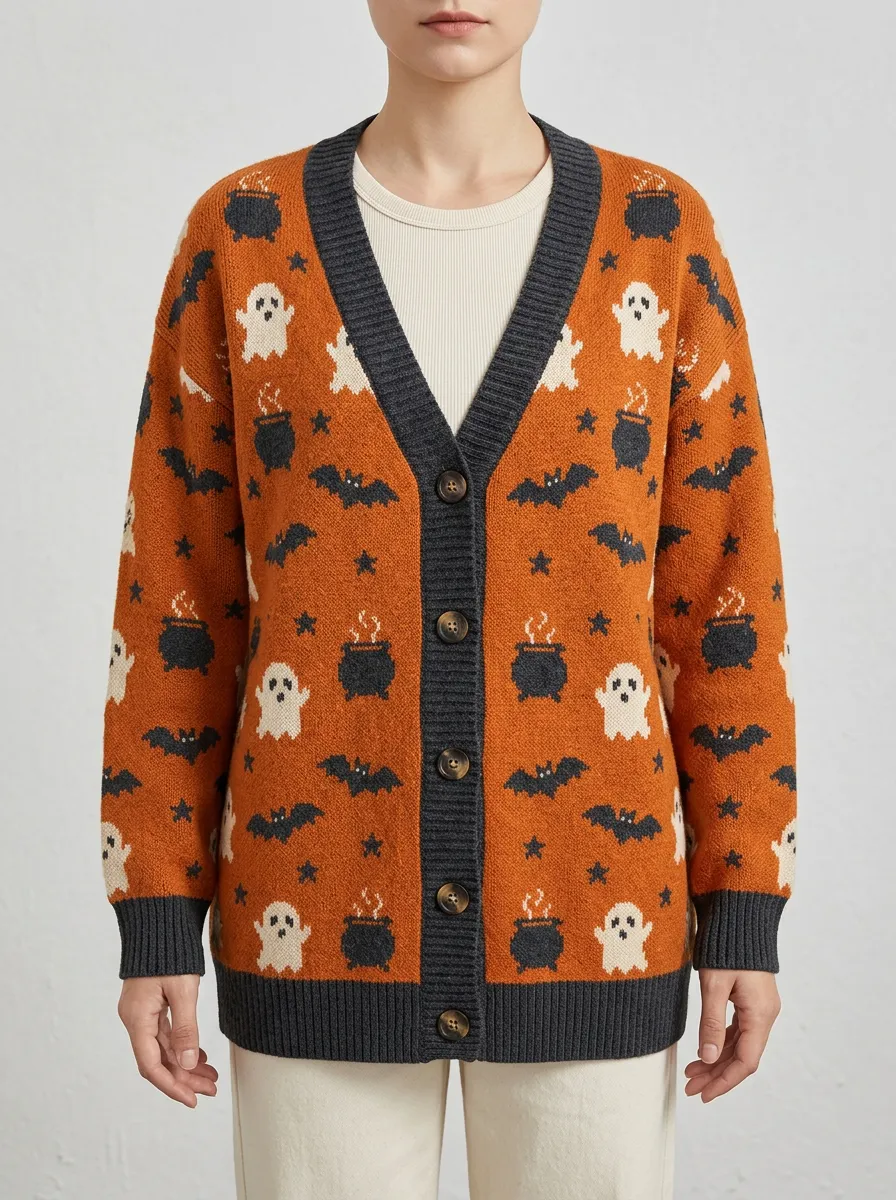 Women's Halloween Ghost Bat Cauldron Pattern Knitted Cardigan