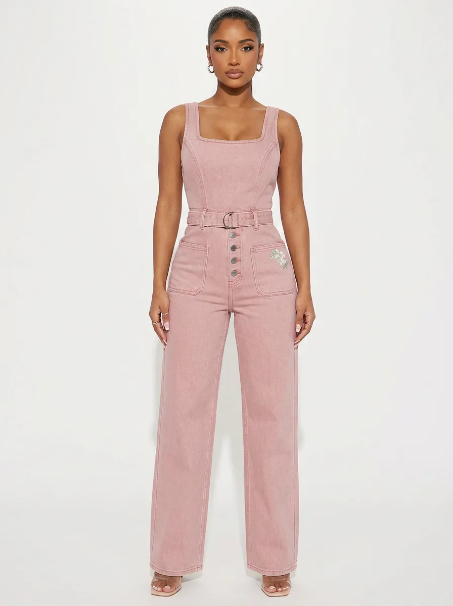 Pink Refined Floral Embroidered Denim Jumpsuit