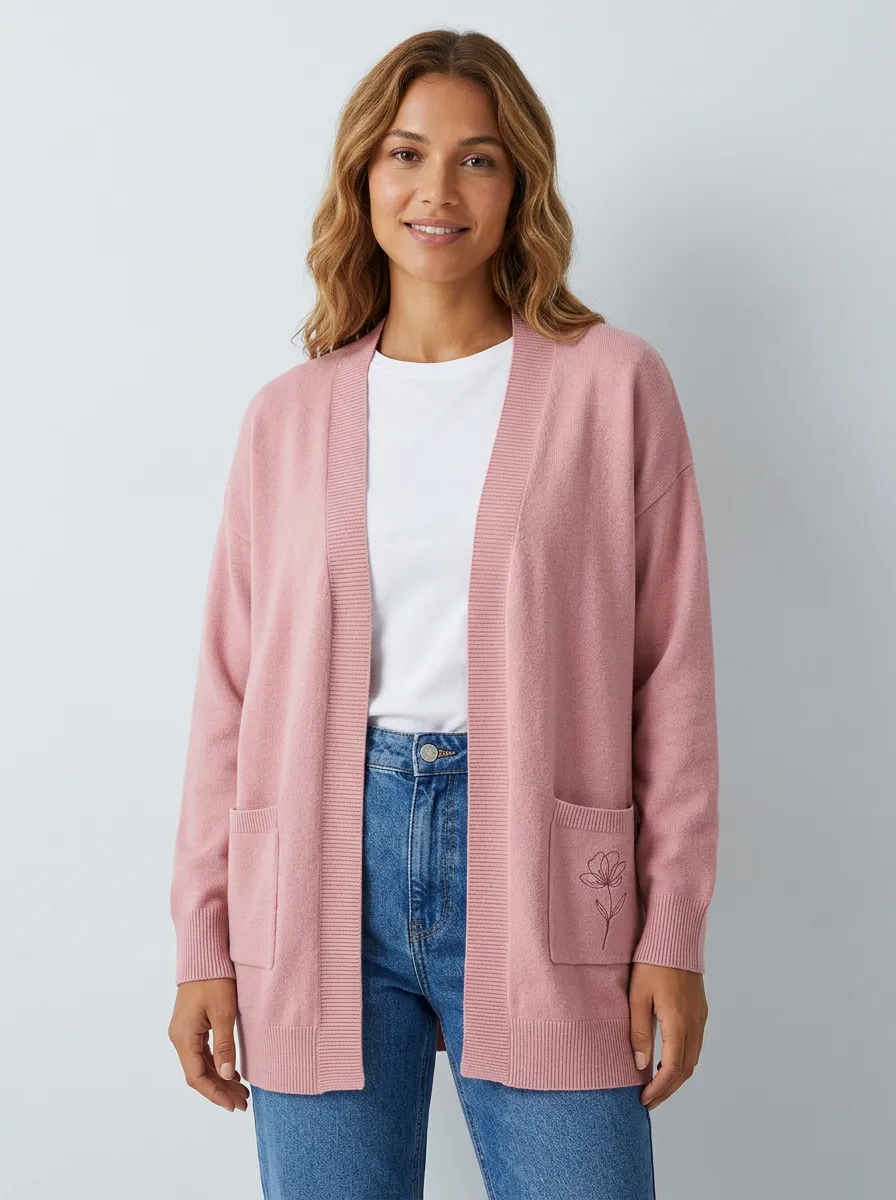Pink Floral Minimalist Embroidered Cardigan