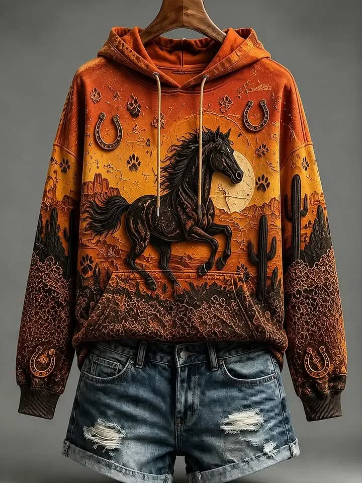 Women'S Western Style Horse Patterned Hooded Sweatshirt